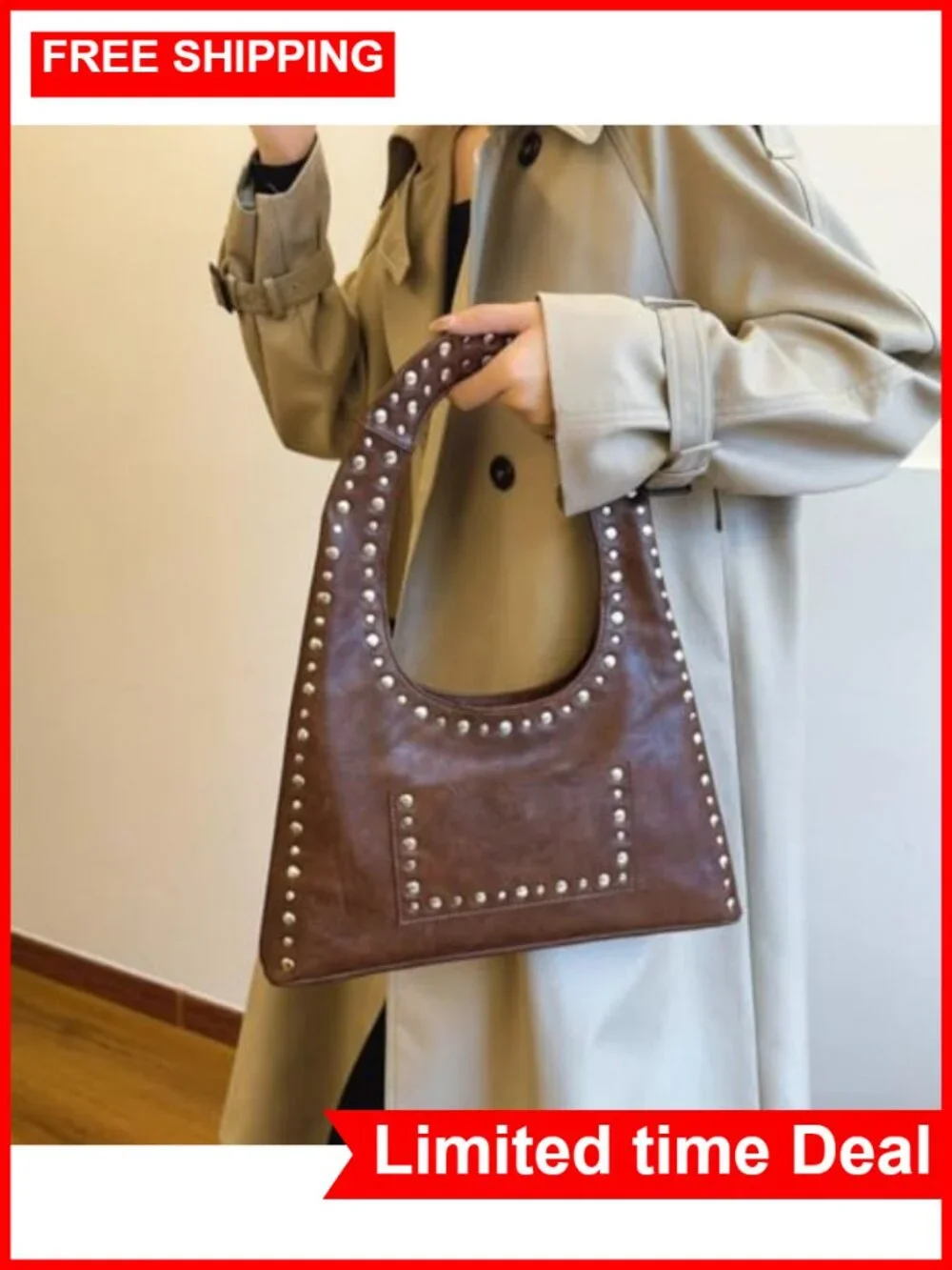 PU Leather Hobo Bag Women Studded Tote Shoulder Bag Punk Streetwear Handbag